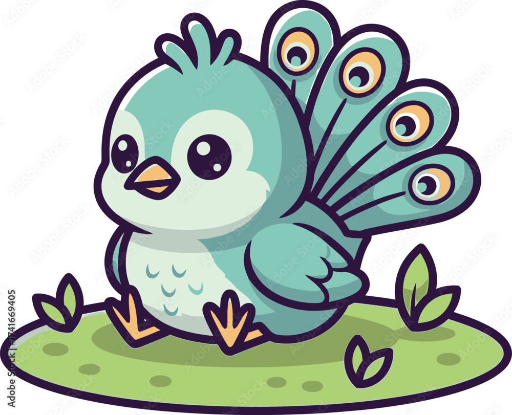 Fototapeta premium Adorable cartoon peacock bird sitting happily on green grass with vibrant feathers displayed