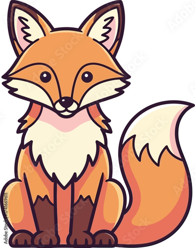 Adorable cartoon fox with fluffy tail sits attentively, perfect for children's books and playful designs.