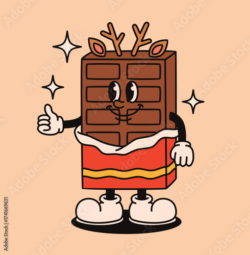 Christmas groovy chocolate character in retro style.