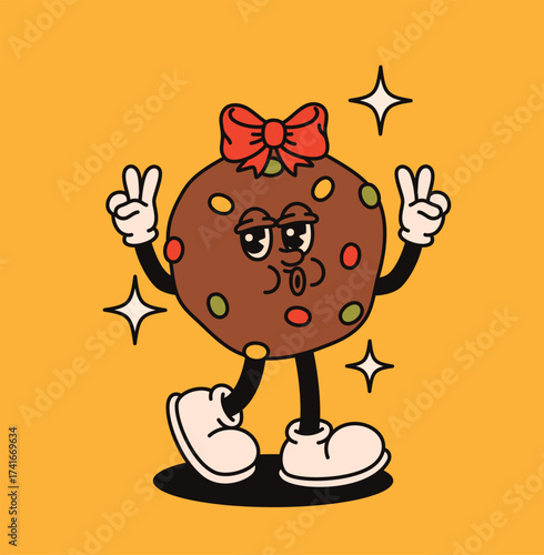 Christmas groovy chocolate cookie character with bow.