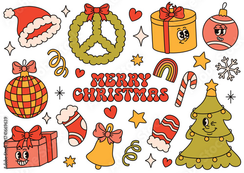 A set of Christmas groovy elements. Fun gifts, stars, a bell, a Christmas tree, and a cute sock and glove.