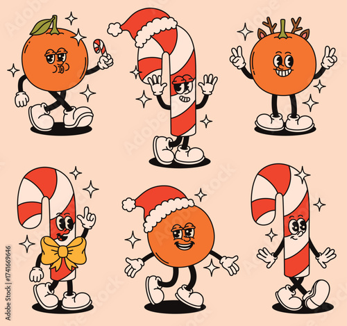 Set of Christmas groovy characters tangerines and candy canes.
