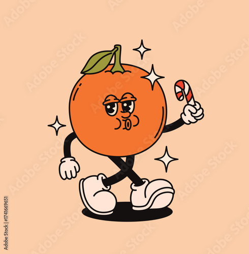 Christmas groovy tangerine character in retro style.