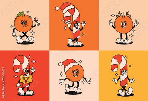 Set of Christmas groovy characters tangerines and lollipops in retro style.