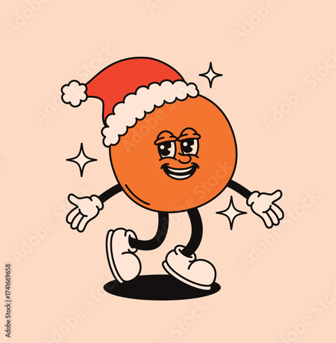 Christmas groovy character tangerine in a hat.