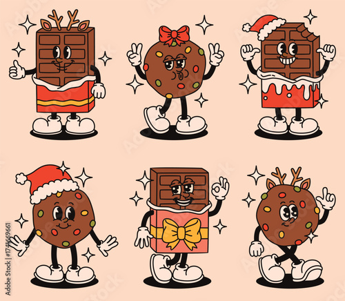 Set of Christmas groovy chocolate sweets characters.