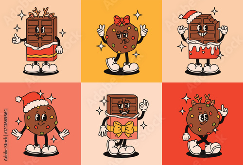 Set of Christmas groovy chocolate sweets characters in retro style.
