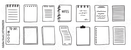 sheets various notebooks doodle hand drawn outline set. paper with stripes or dots, blank collection. Notebooks reminder, memory sketch pages. notes sheet