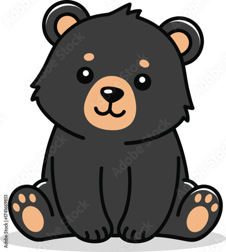 Adorable cartoon black bear cub sitting happily, perfect for children's books and playful designs