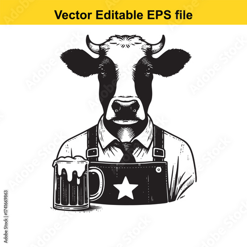 Vector art of anthropomorphic cow wearing apron and holding beer mug