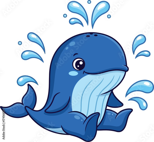 Adorable cartoon whale splashing joyfully in water, perfect for kids' designs
