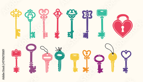Hand drawn colored vector Keys. Doodle various vintage, modern and cute isolated keys. Different types, sizes.