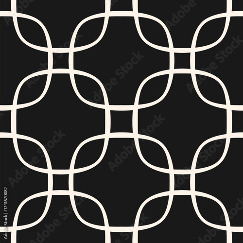 Minimal vector abstract geometric seamless pattern in oriental style. Simple black and white ornament with curved lines, grid, lattice, net. Monochrome repeated background for print, textile, carpet