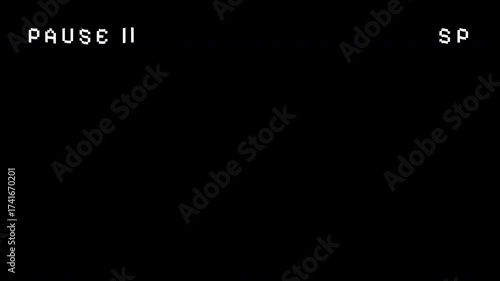 VHS VCR Pause screen overlay animation on black background, representing technical pause, stop, error, or downtime in digital media, video, or technology projects. 4k video