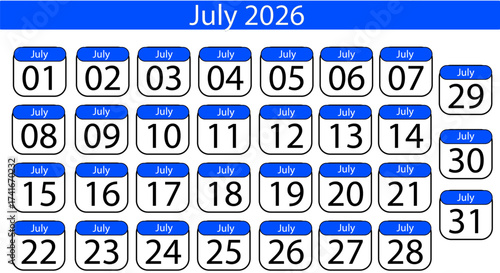 Plan your summer with this July 2026 calendar featuring clean, modern design, perfect for scheduling events, appointments, and vacations with ease