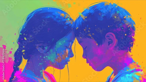 A colorful, original video in vector style about the relationship between a boy and a girl, which will soon develop, or has already developed, into the most beautiful romantic feeling - love
