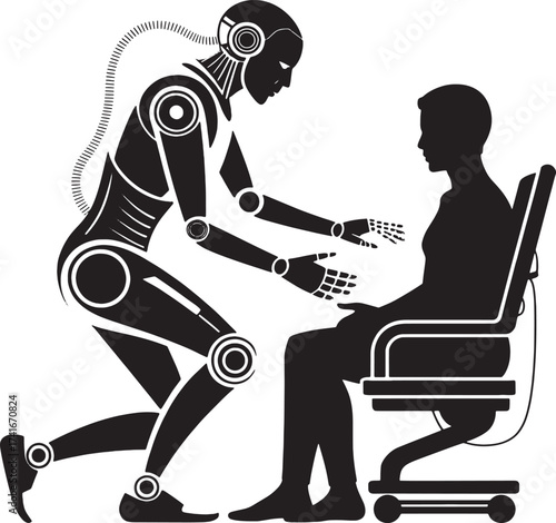 Humanoid robot reaching out to a seated person in a chair android