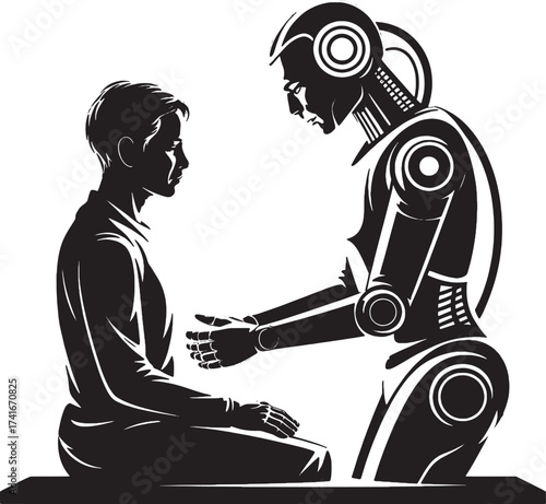 Human and robot interacting with hands extended in black and white graphic style interaction technology