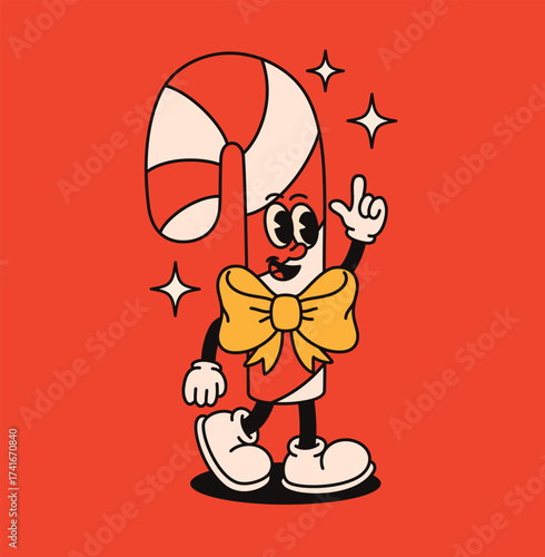 Christmas groovy character candy cane with bow.