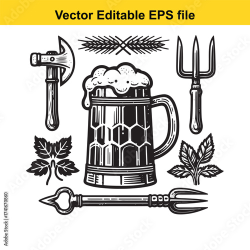 Vector art of set of vintage brewing and gardening tools