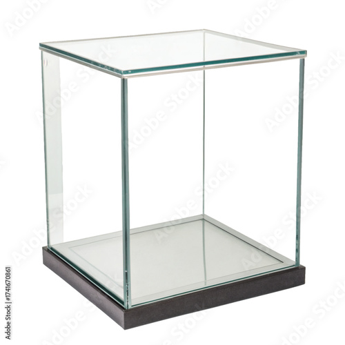 Modern empty glass display cube, isolated PNG transparent background