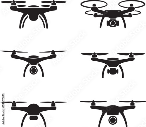 Six black silhouette icons of quadcopter drones with cameras vector
