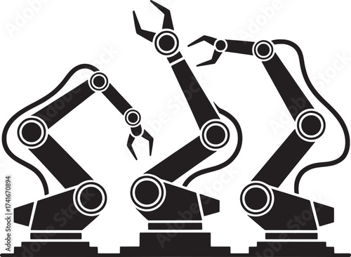 Three black robotic arms with claws extended on a white background industrial robot automation