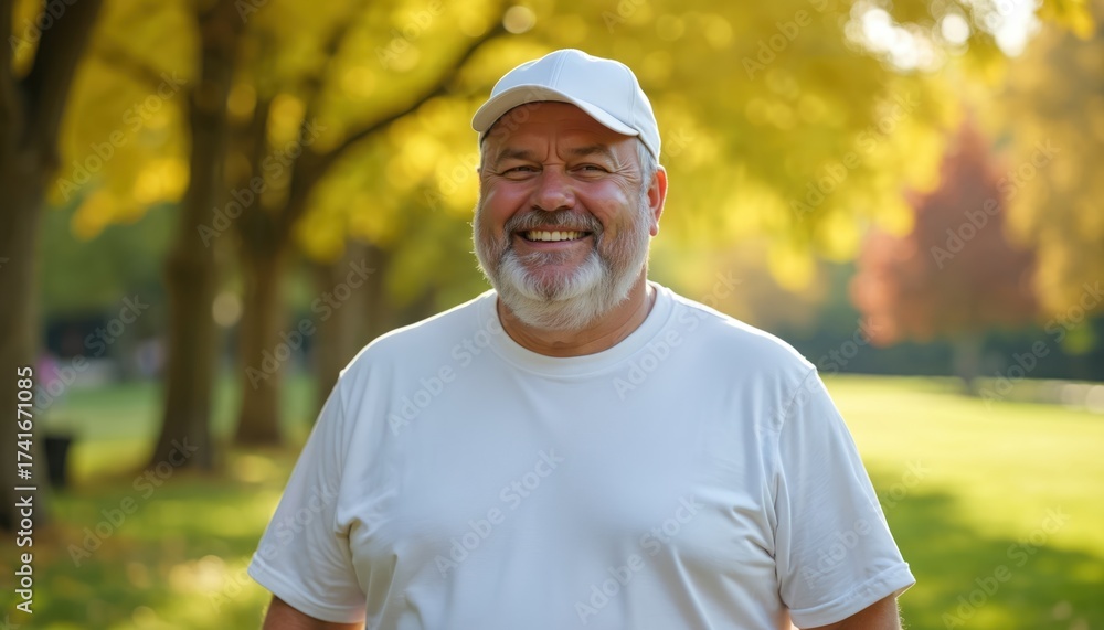 Obraz premium Smiling plump older man in white tee and cap enjoys park stroll. Autumn trees with yellow leaves create warm bokeh background. Mature guy lives healthy outdoor active lifestyle.