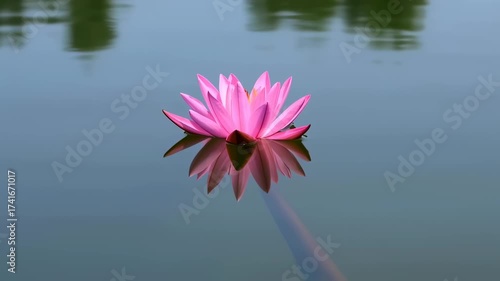 Pink Lotus Flower Floating on Calm Water with Reflections.