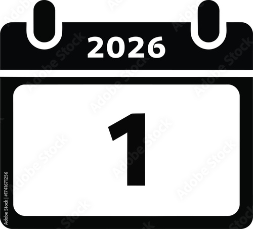 A simple black and white icon of a calendar page showing the date January 1, 2026.