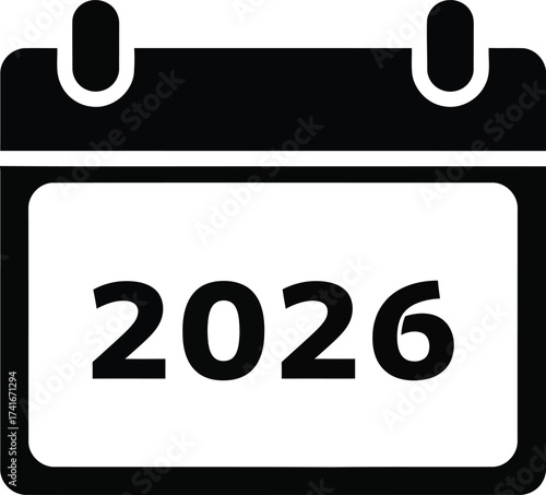 Black and white calendar icon displaying the year 2026, representing future planning.