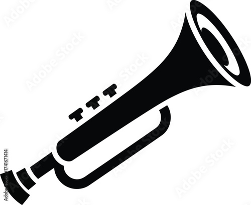 Black and white illustration of a trumpet, a brass musical instrument, isolated.