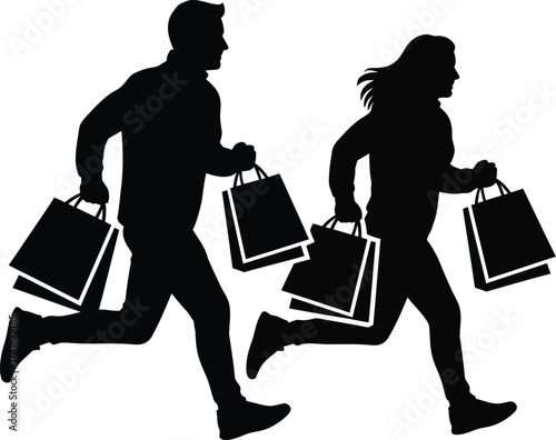 Silhouette of a man and woman running with shopping bags, representing consumerism and excitement.