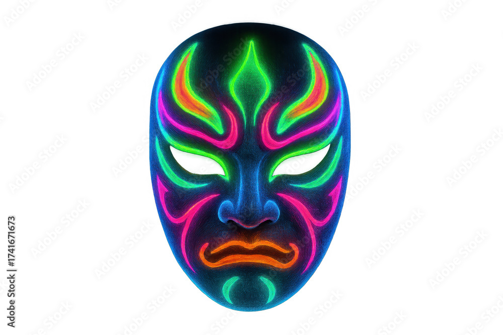 Naklejka premium Glowing neon psychedelic kabuki mask on transparent background