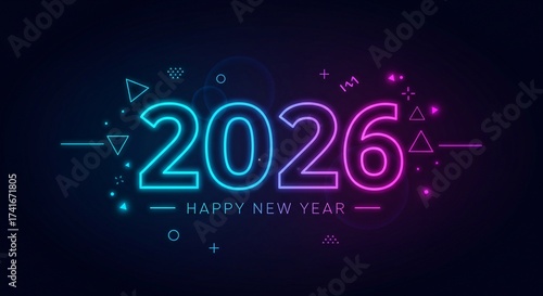 Futuristic 2026 Happy New Year neon light vector banner with glowing typography and geometric shapes on dark background