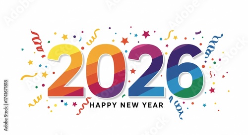 2026 Happy New Year vector banner with bright rainbow typography and confetti on light background