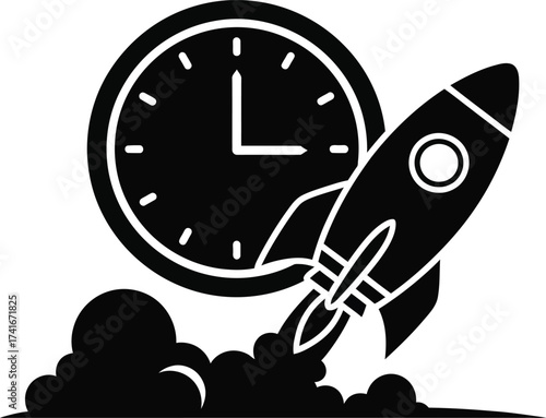 A black and white illustration of a rocket launching with smoke billowing out, set against a large clock face, symbolizing speed and time.
