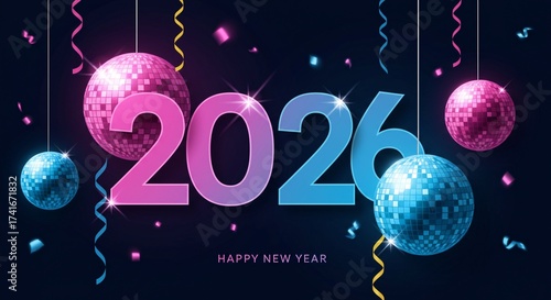 2026 Happy New Year Disco Party Vector Banner with Bright Lights, Glitter Decorations, and Festive Celebration Background