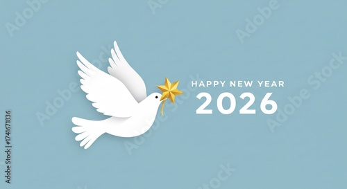 Minimalist 2026 Happy New Year vector banner with white dove and golden star on blue background