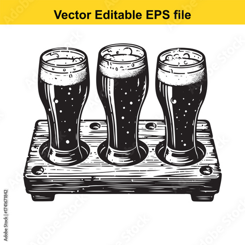 Vector art of three glasses of beer on a wooden stand