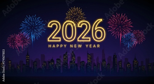 2026 Happy New Year vector banner with colorful fireworks above modern city skyline silhouette