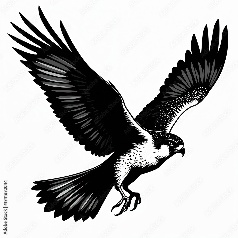 Fototapeta premium Black and white illustration of a kestrel bird in mid-flight, wings spread wide with detailed feathers. The avian predator has sharp talons and a focused gaze.