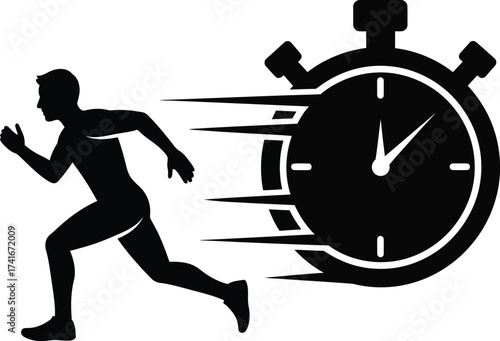 Silhouette of a male athlete sprinting with a stopwatch symbolizing speed and performance.