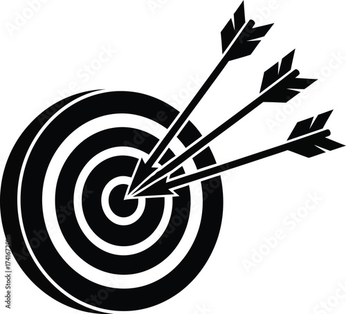 Three black arrows hitting the bullseye of a target, symbolizing accuracy and success.