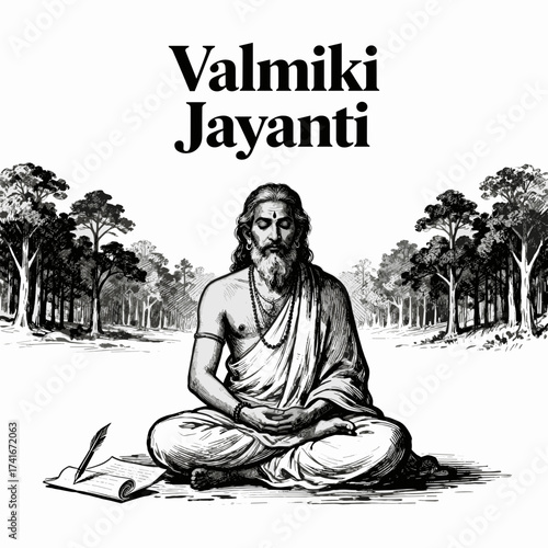 Valmiki Jayanti – engraving-style sketch on a white background, black-and-white vector illustration.	

