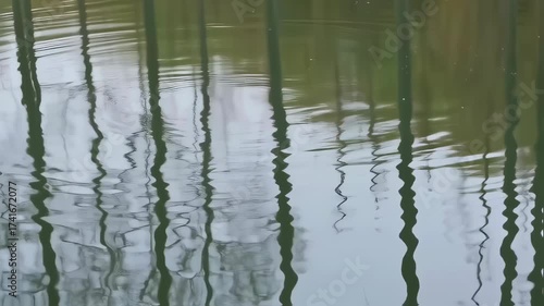 Reflections of trees on the water surface creating abstract patterns.