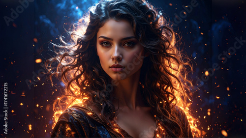 Beautiful Young Hero Woman Surrounded by Fiery Sparks and Flames in an Epic Fantasy environment at midnight