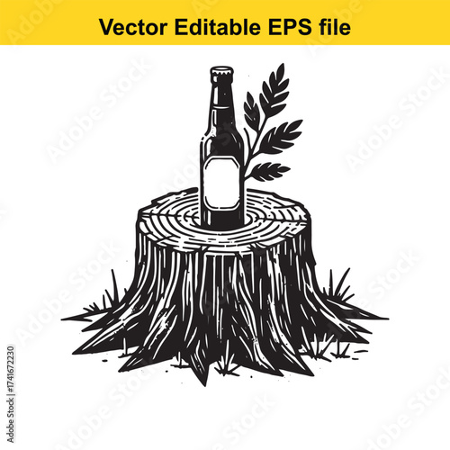 Vector art of bottle of beer on a tree stump with leaves