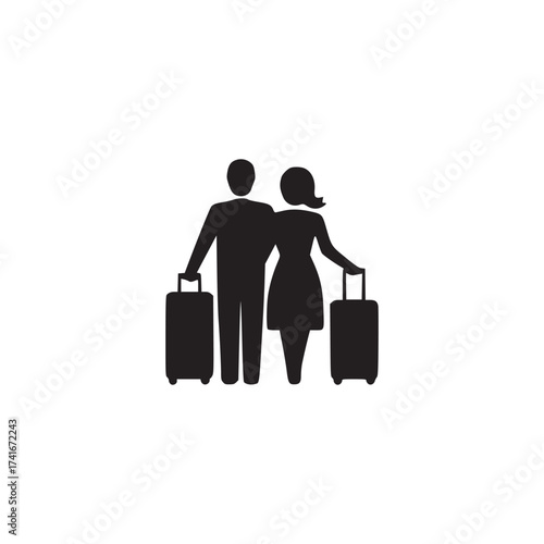 Vector art of silhouette of a couple with luggage, symbolizing travel and vacations, represents tourism, journey, and togetherness in a minimalist style