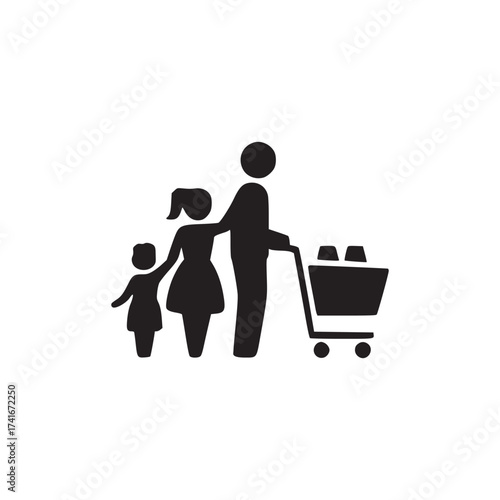 Vector art of silhouette of a family shopping with a cart, representing consumerism, retail, and family life